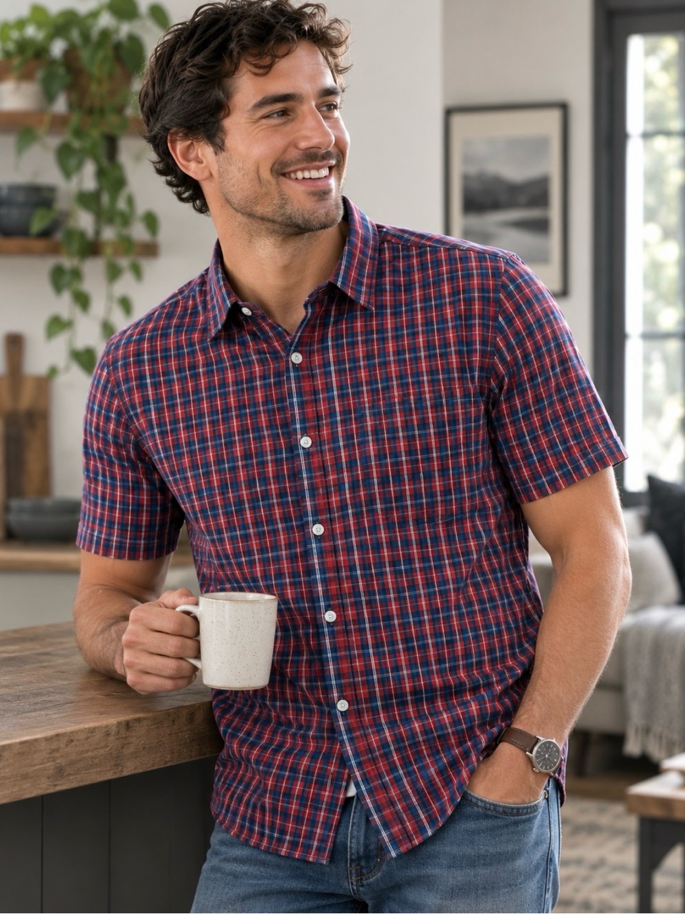 Denver Hayes Plaid Short Sleeve Button‑Up Shirt – Men’s M